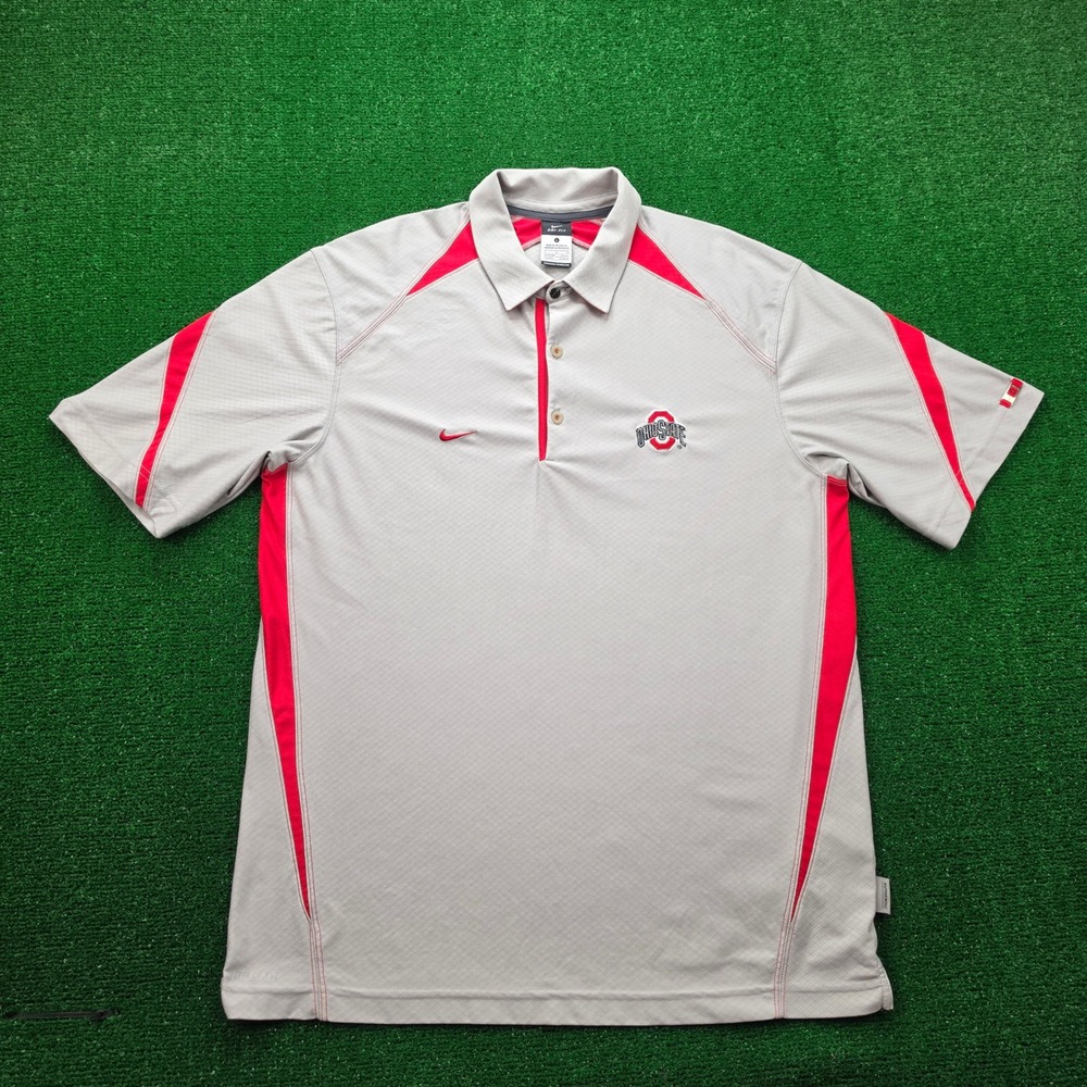 Ohio State Buckeyes NCAA Nike Dri Fit Performance Polo Shirt Mens Large Gray Red